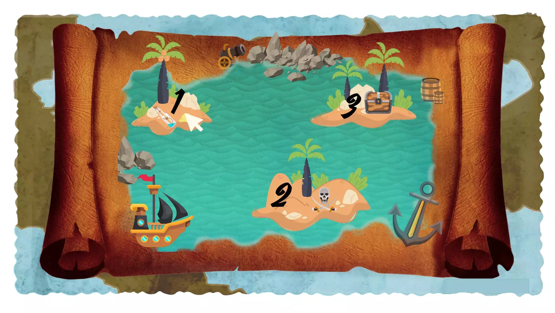 Animated image of an old map with a blue sea painted, a boat sailing and some small islands