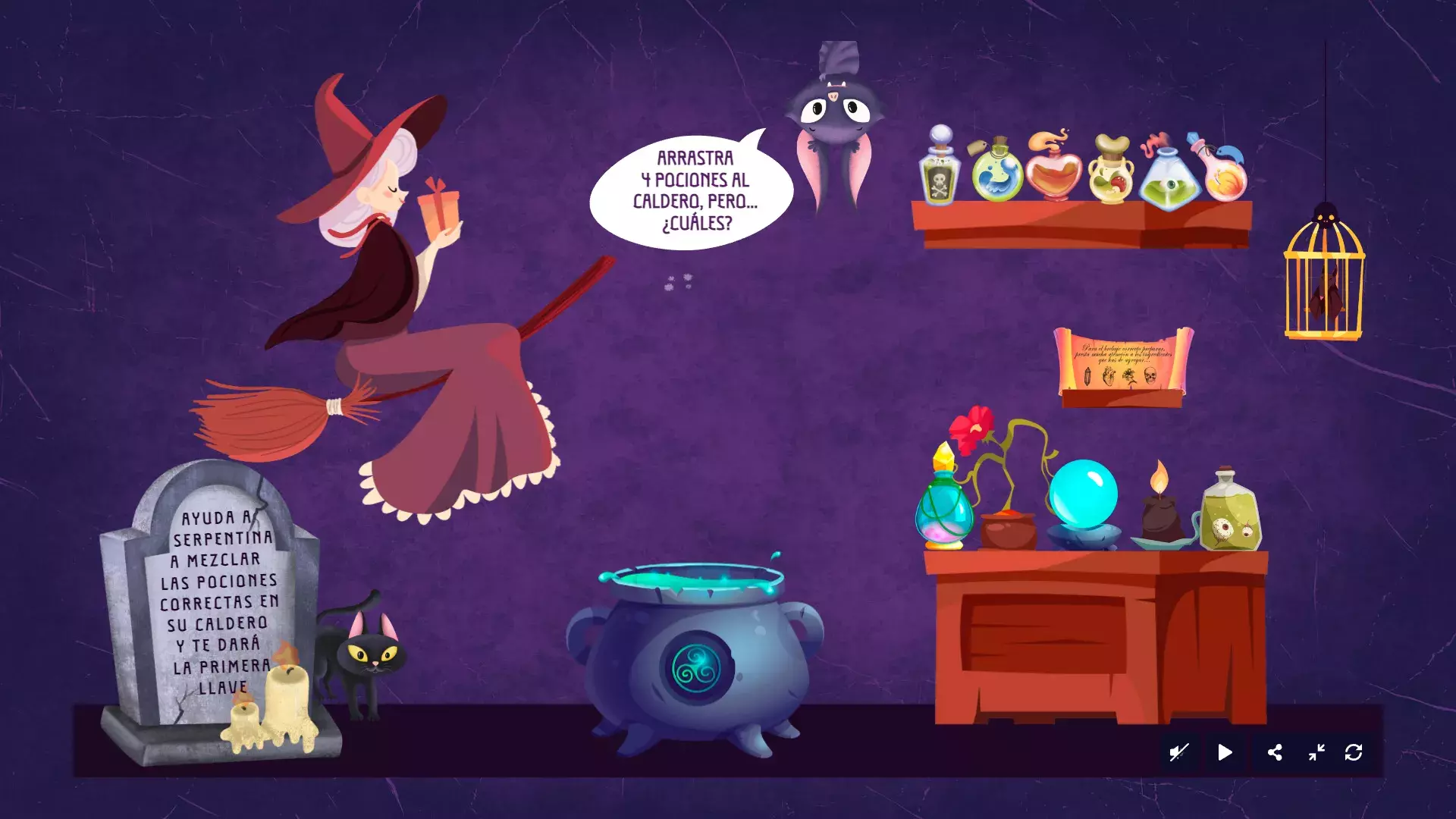 Animated image with a gravestone, a witch flying on a broom, a shelf with potions, a cauldron 