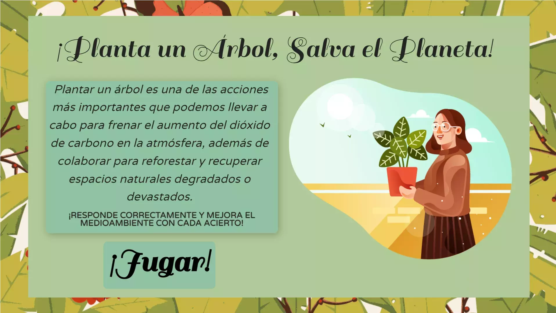 Animated image with text on the left, and a girl on the right holding a plant vase