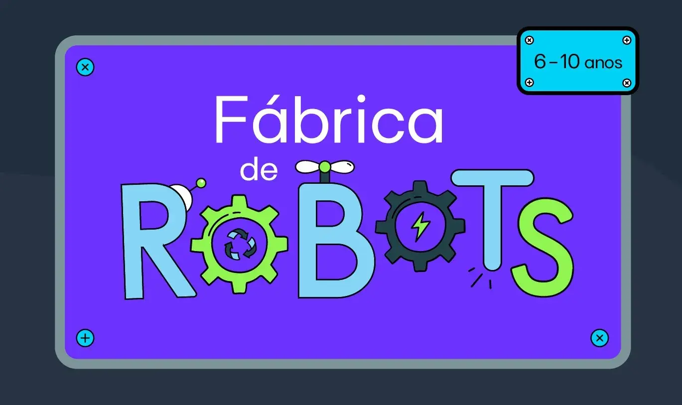 Placa metálica púrpura en design motion con la inscripción "Fábrica de Robots"