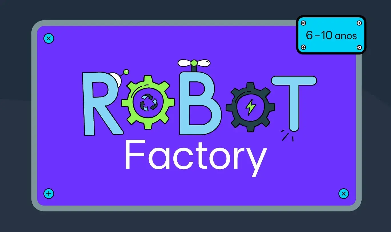 Purple metal plaque with the inscription ‘Robot Factory’ in motion design